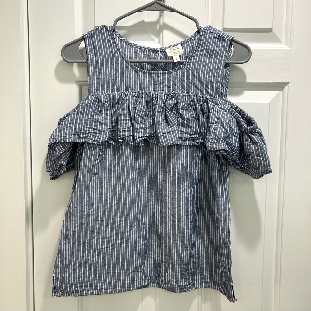 J. Crew Cold Shoulder Ruffle Blue White Striped Linen Blend Top Size 4